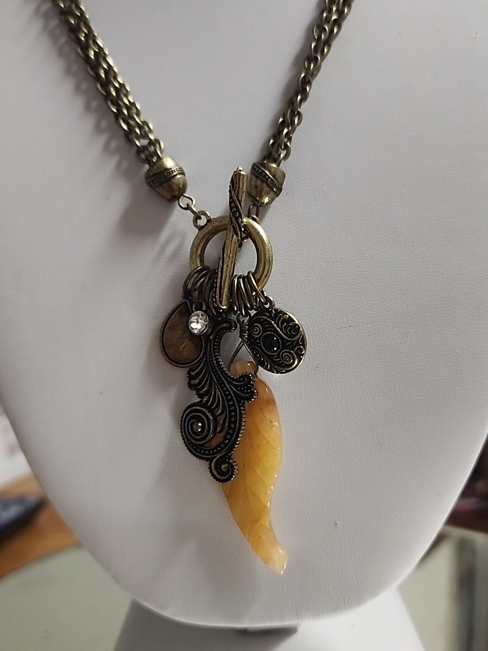 Vintage Tigers Eye And Yellow Aventurine Leaf Charm Toggle Necklace